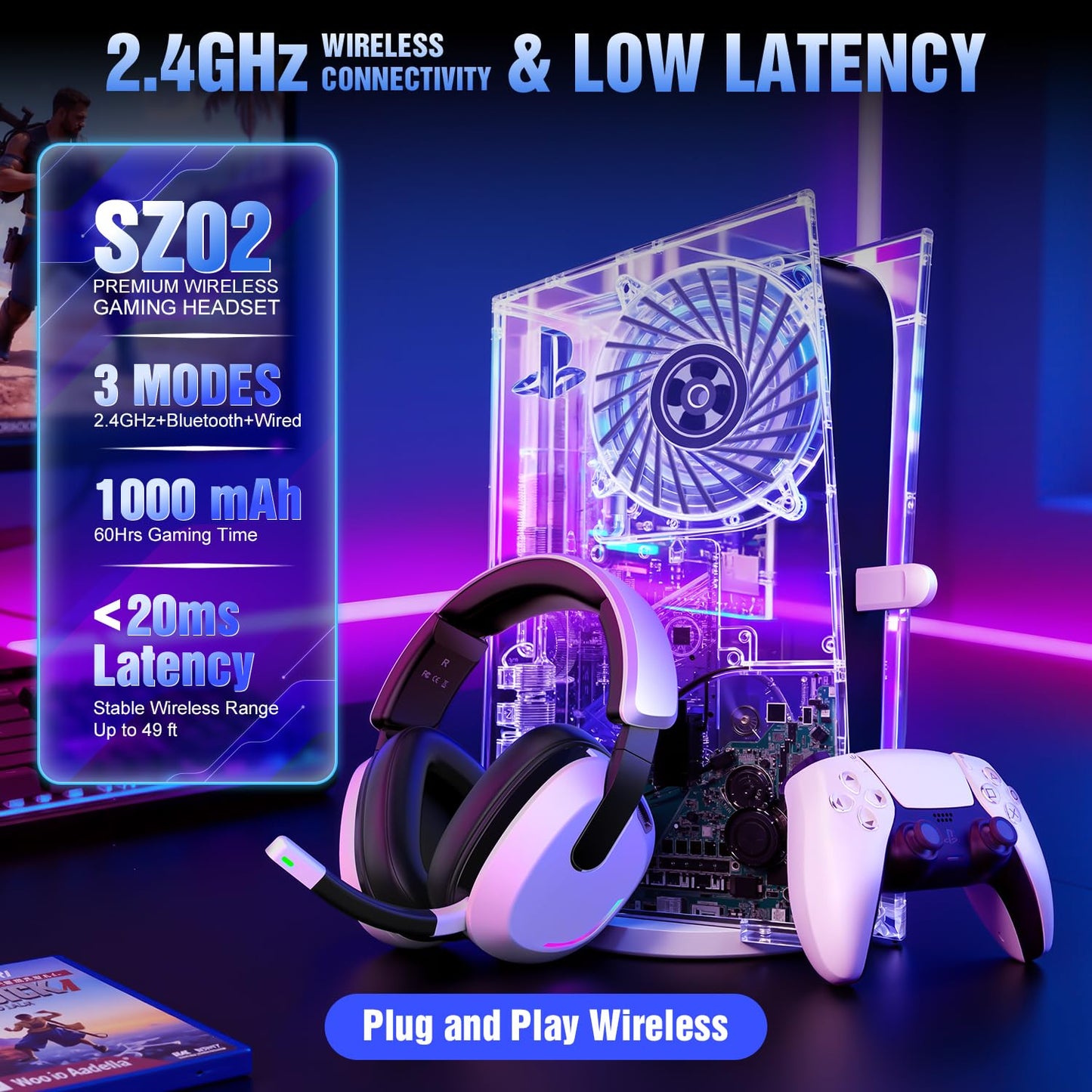 YPBDAN Wireless Gaming Headset for PS5 PS4 PC Switch Mac - RGB Over-Ear Headphones with Noise Cancelling Mic, 60H Playtime, 7.1 Surround Sound, Bluetooth 5.4 & Memory Foam Ear Cushions