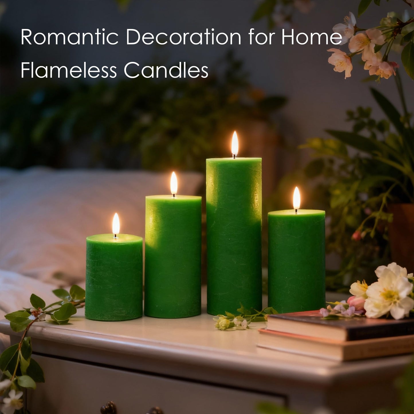 LUSHARBOR Green Flameless Candles, 4 Pack Battery Operated Candles for St. Patrickโs Day, Real Wax LED Fake Candles for Spring Decor Party Centerpiece Green