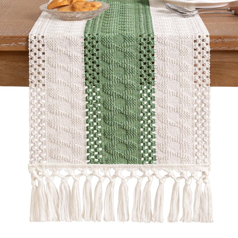 Socomi Boho Table Runner Summer Farmhouse Rustic Dining Kitchen Small Macrame Woven Cotton Linen Coffee Table Runner for Dresser Scarf Home Decor 12x36 inch Sage Green Ivory