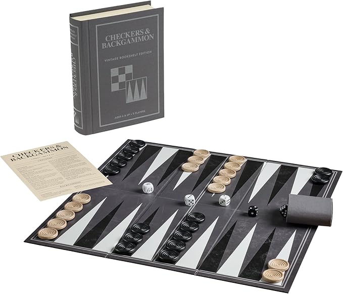 Checkers and Backgammon Vintage Bookshelf Edition by WS Game Company Linen Wrapped Book Box & Slipcase - Reversible Board Wooden Pieces - Checkers and Backgammon Sets for Adults & Kids Ages