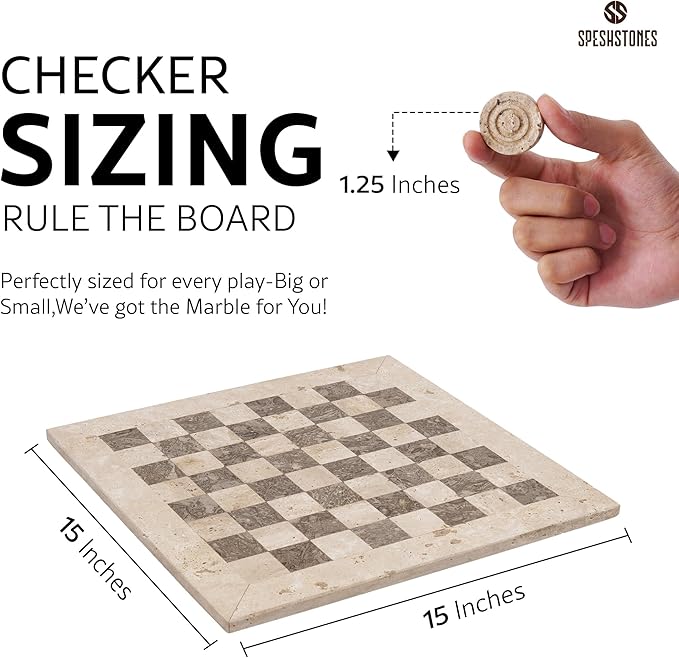 Marble Checkers Set 15 Inches Handmade Travertine & Oceanic Checkers Board Game with Checker Pieces - Board Games for Adults Game Table Accessories Gifts & Home Décor