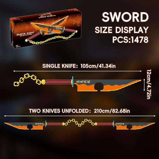 Anime Dual Cleaver Building Set - 1478 Pieces Sound Ninja Sword Model with Golden Chain 82 Inch Huge Nichirin Style Weapon Flashy Cosplay Prop Construction Toy for Adults (Amber & Black)