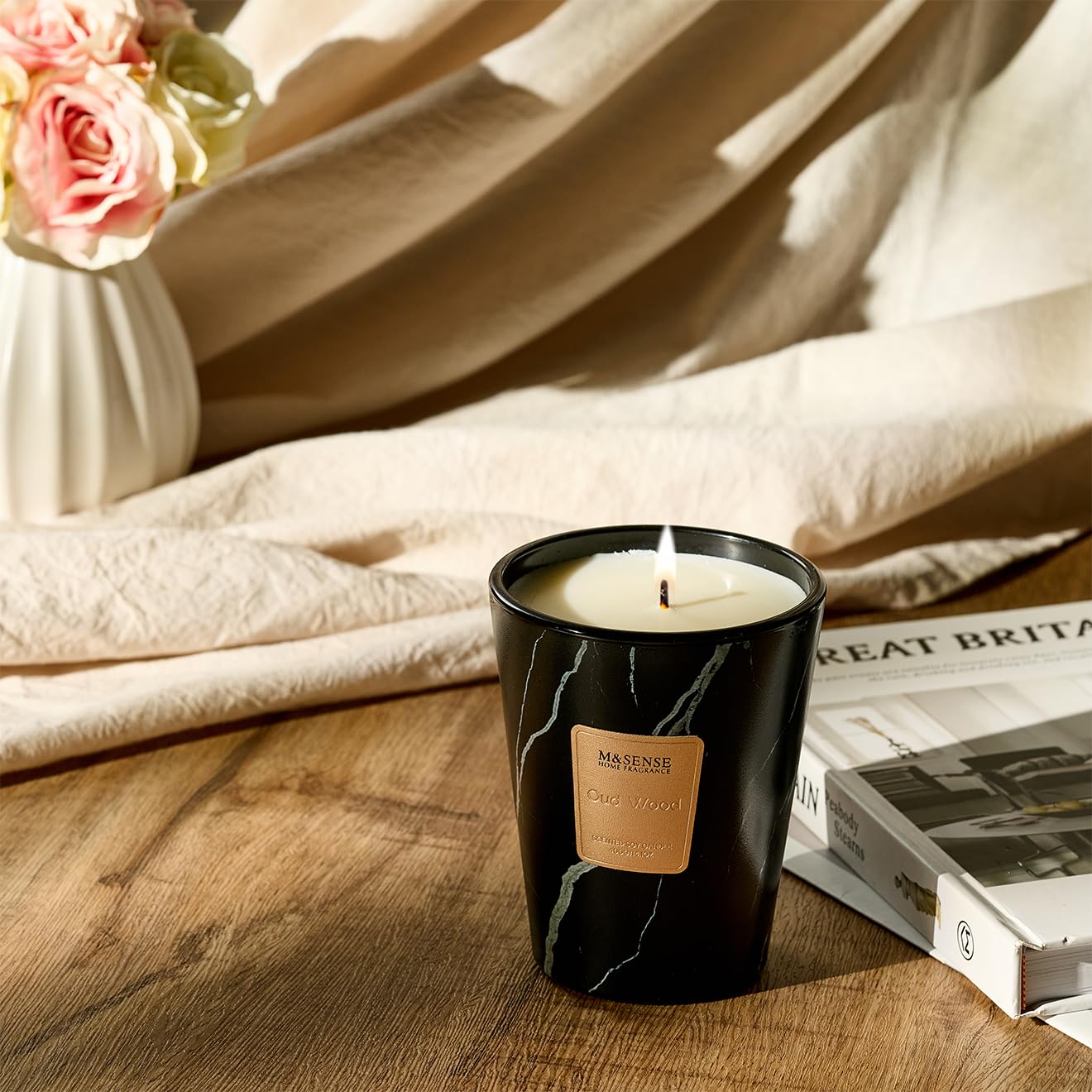 M&SENSE Oud Wood Scented Soy Candle, 3 Wick Highly Scented 14.1 Oz 75H, Aromatherapy Christmas Gift for Women and Men