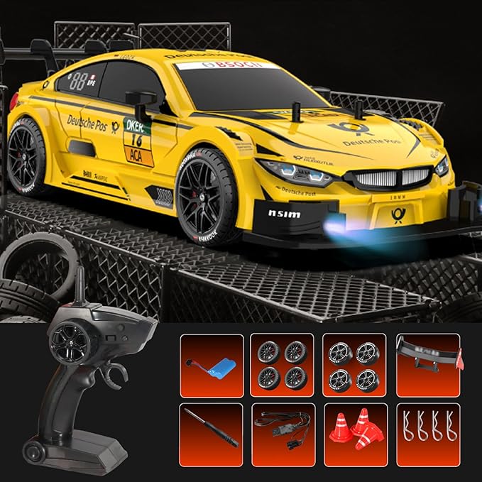 GoolRC RC Drift Car 1:16 Scale 4WD 40KM/H High Speed RC Racing Car 2.4GHz Electric Sport Drifting with Headlight Drifting & Racing Tires for Adults (Yellow)