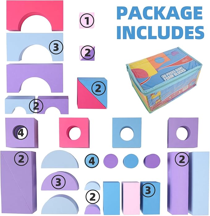 Large Building Foam Blocks for Toddlers EVA Stacking Foam Building Blocks Toy Set Non-Toxic Washable Early Learning Construction Toys & Gifts for Kids Boys & Girls (Pink Pieces 30)