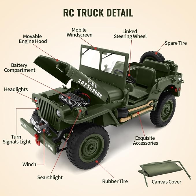Remote Control Truck Off Road - 4x4 1/10 Scale Willys Army Rock Crawler RC Truck with Winch&Car Cover 40Mins Play Time All Terrain Offroad RC Car Military Vehicle Toys for Boys Radio Controlled