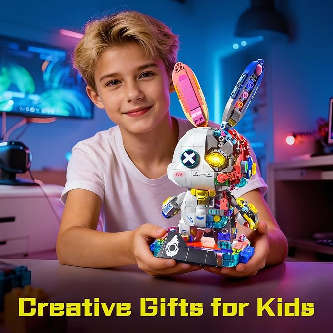 Mechanical Bunny Building Set 1377PCS Cyberpunk Technic Animal Collection Model Kit Creative Rabbit Animal Building Block Toys with Lights&Display Stand Easter Decor Gift for Boys Girls Adults Te