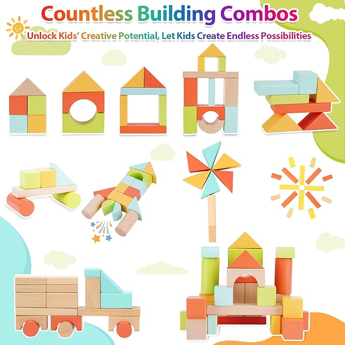 FCSONU Wooden Building Blocks for Toddlers 1-3 100 Pcs Wood Blocks Set - Sorting & Stacking Toys with Storage and Lid Kid Montessori Toys Ages 2+ Christmas 1st Birthday Gifts for Boys Girls Bab