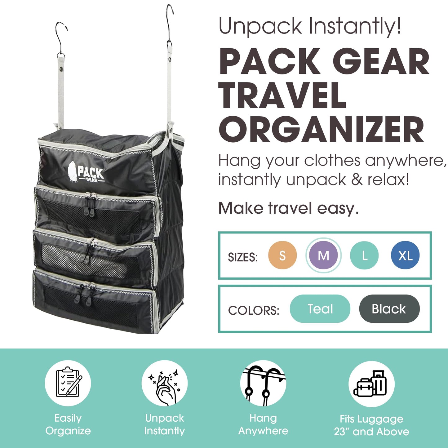 Pack Gear Hanging Carry-On Organizer - Our Fitted Hanging Luggage Organizer Perfectly Fits Any Carry On - Our Packing Cubes For Travel Use Mesh Windows to Make Finding Clothes Easy (Black, M)
