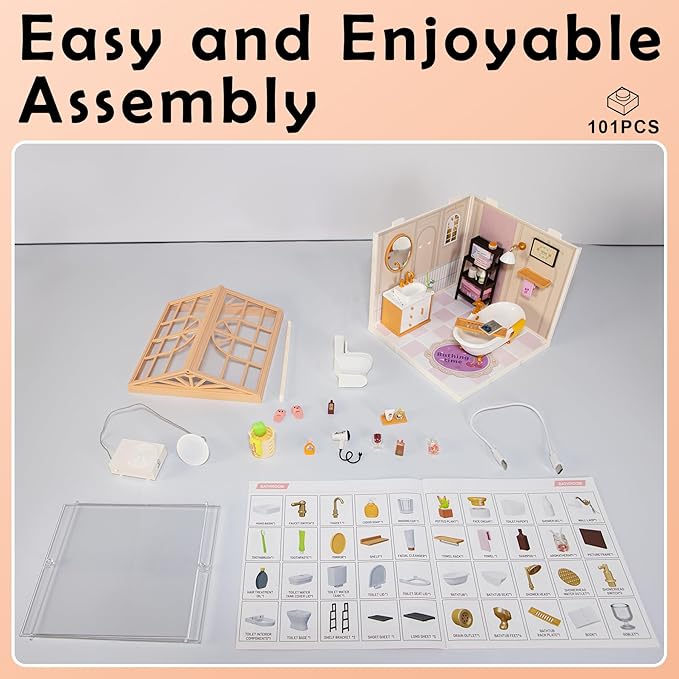 DIY Miniature House Kit Gift for Teens Mini Dollhouse with Roof & Dust Covers Light Furniture Creative Crafts for Adults for Mini Figures & Christmas Decor Gift Idea