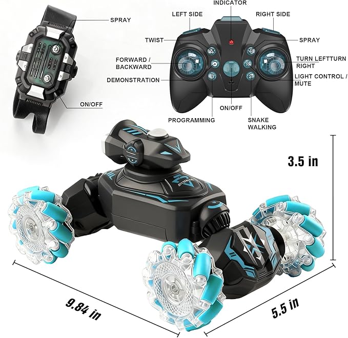 Gesture Sensing Remote Control Car RC Cars Toys for Boys Age 6-12 4WD Hand Controlled Twist & Transform 360° Spins Stunt Car with Mist Light & Music 8-10 Year Old Boys Birthday Gift Blue