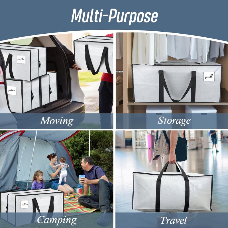 6 Pack Extra Heavy Duty Large Moving Bags with Strong Zipper & Comfortable Handles, Sturdy & Durable Clothes Storage Bags Totes Bins, Packing Moving Boxes for College Supplies, White