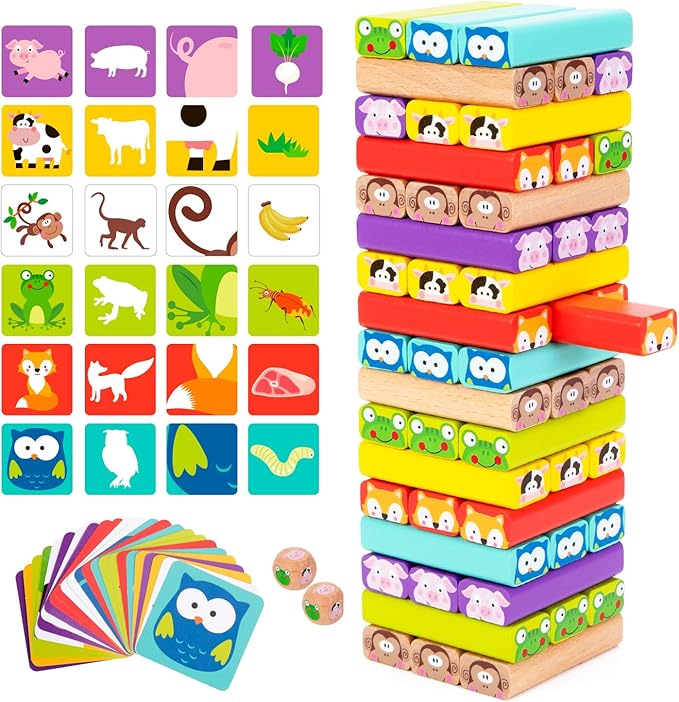 Nene Toys Wooden Tumble Tower Game with Animals & Colors 4-in-1 Educational Family Board Game for Kids Ages 3-9 Creativity & Cognitive Skills Booster - Gift for Boys Girls 3+ Years