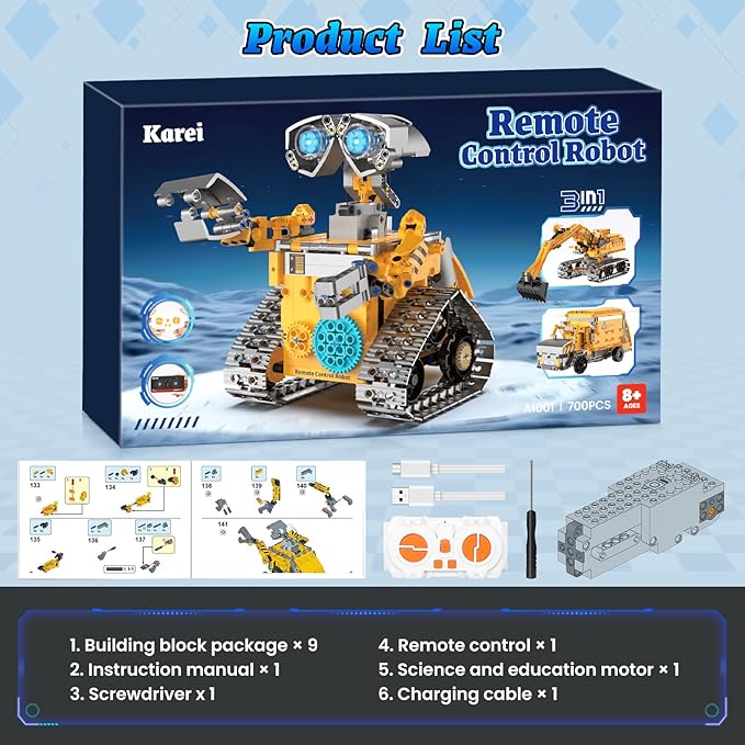 Robot Building Kit Toys for Boys Age 8-12 with 700 Pcs 3 in 1 Robotics Excavator Garbage Truck with App & Remote Control Coding Robot Building Set Birthday Gifts for 8-14 Years Old Boys