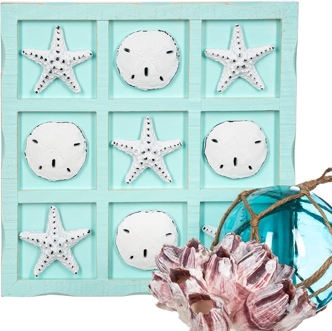 Beach Tic Tac Toe - 9 X 9 Seafoam Blue Tic Tac Toe Decor Home W/White Resin Starfish & Sand Dollars - Real Wooden Tic Tac Toe - Tic Tac Toe Coffee Table - Nautical Décor