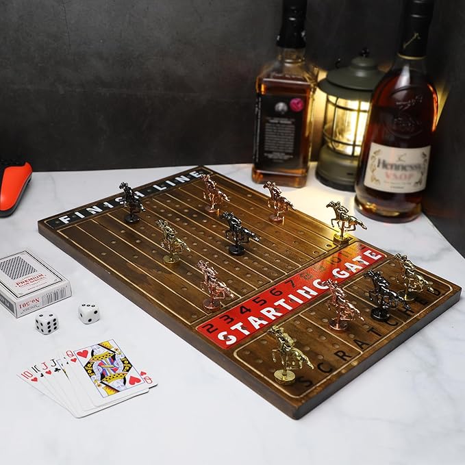 HOROW Horse Racing Game - Wooden Horse Race Board Game with 11 Luxury Metal Horses 2 Dice and 2 CardsFast-Paced Strategic for Family Night and Party - Perfect Birthday&Holiday Gifts