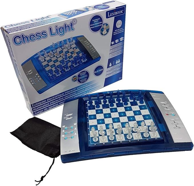 Lexibook ChessLight® Electronic Chess Game with Touch-Sensitive Keyboard and Light and Sound Effects 32 Pieces 64 Levels of Difficulty Battery or Plug Blue/Grey LCG3000