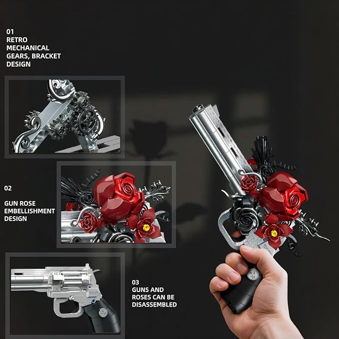 Gothic Revolver & Red Rose Building Block Set Micro Mini Camera Building Blocks Dark Romantic Guns and Petals Display Decor Creative Collectible Gifts for Adults Teens 14+