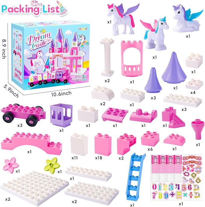 Classic Building Blocks for Toddlers - Compatible with Major Brands Unicorn Theme Princess Castle & Number Trains Classic Bricks Creative Educational Buildable Kits for Girls Boys Ages 3 4 5