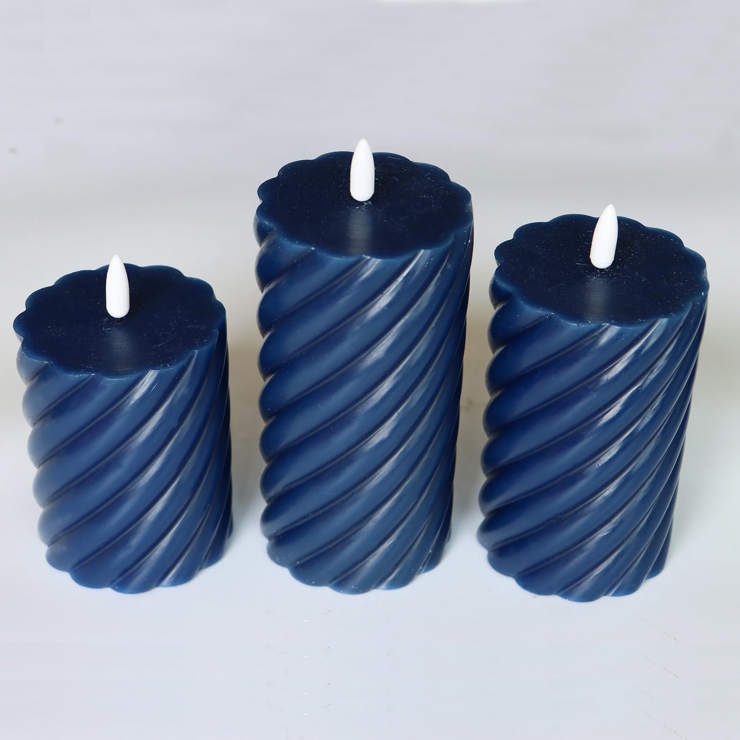 Real Wax Spiral Flameless Candles with Timer Battery Operated LED Pillar Candles Flickering Flame Electric Lights for Wedding Holiday Party Home Decor Valentine's Day Christmas Gifts,3 Pack(Navy)