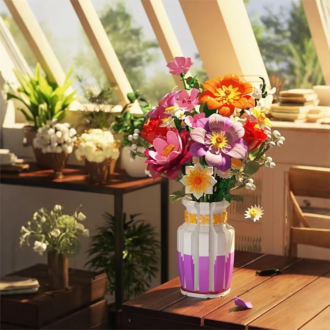 2 in 1 Vase Flowers Bouquet Building Set 16 Flowers Bouquet Sets for Adults & Women Compatible with Lego Flowers Bouquet Valentine's Day Gift for Her Girlfriend Wife 1278 PCS