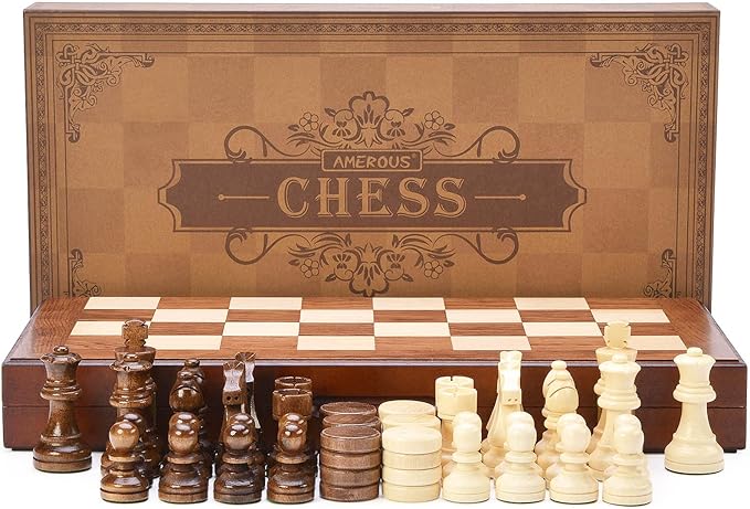 AMEROUS Wooden Chess & Checkers Set with Upgraded Weighted Chess Pieces 15 Inches (2 in 1) Chess Board Games for Kids Adults w/ 2 Extra Queens / 24 Cherkers Pieces/Gift Package