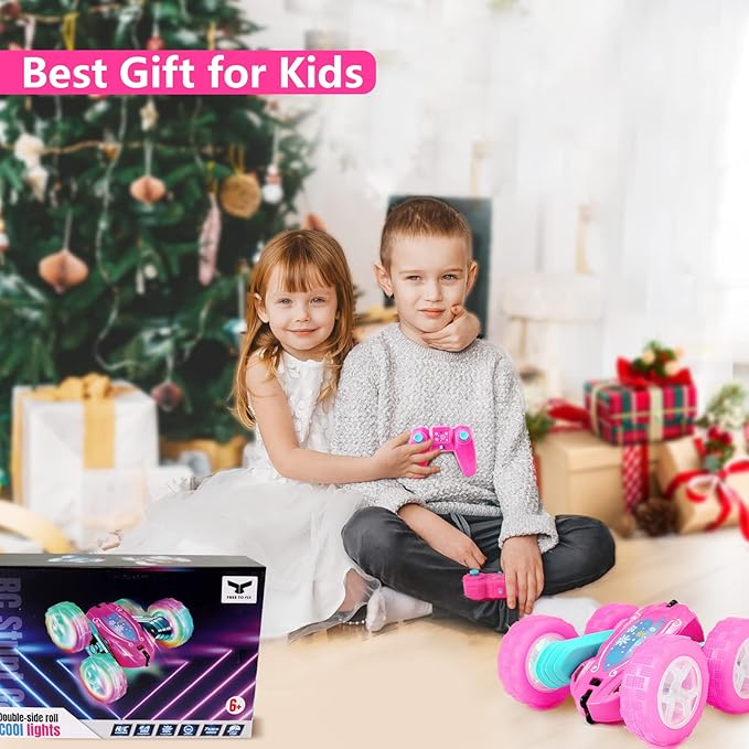 FREE TO FLY Remote Control Car for Girls : Pink RC Car Double Sided 360°Flip Stunt Cars with Headlights & WheelLights Rechargeable Toy Car Birthday Gifts for Girl Kids Age 6 7 8 9 10 11 12 Year Ol