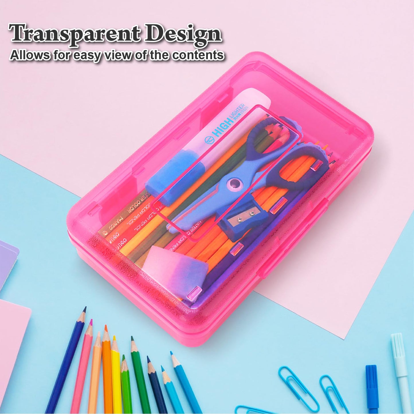Nuozme Plastic Translucent Pencil Box for Kids, Adult, Student, Large Capacity Pencil Cases with Snap-Tight Lid for Pens, Pencils, School Supplies,Office Supplies,1 Pack (Blue)
