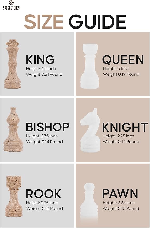 Marble Chess Set 15 Inch Handmade Travertine & White Luxury Board Games for Adults Elegant Table top Board Game Travel Chess Pieces & Storage Box for Gifts & Home Decor