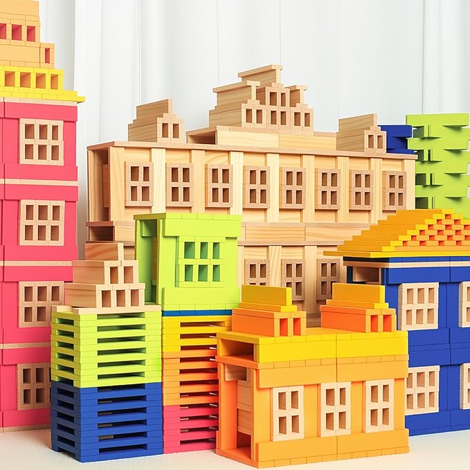 Jumbo 42 Pcs Medium Wooden Building Blocks for KidsNatural Pine Construction Toy - 9.8 in Large Building Planks for Fast & Satisfying STEM Play Sensory Motor Skills Family Game Night (20lbs)