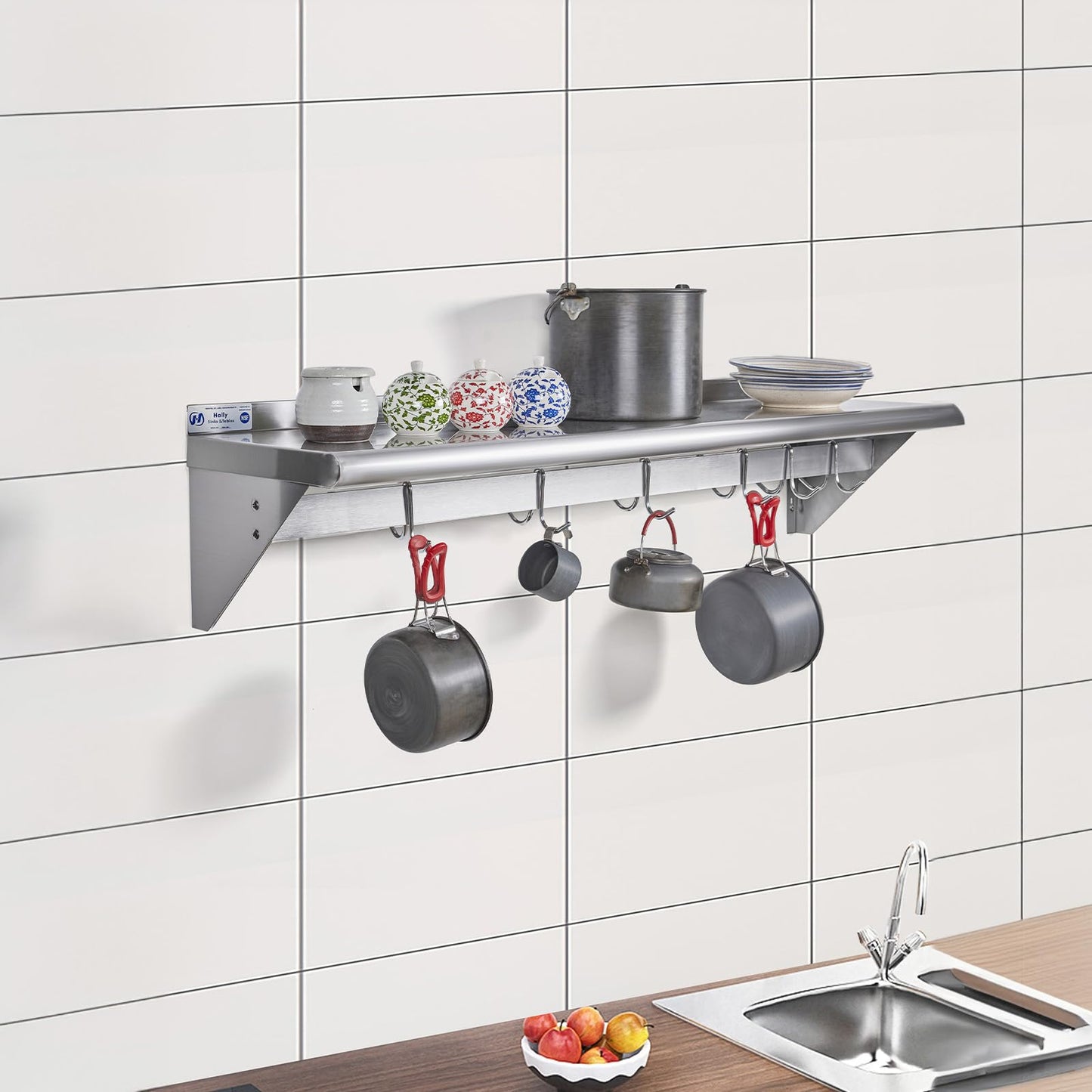 Hally Stainless Steel Shelf with 6 Hooks 12" x 36" Wall Mounted Pot Rack, NSF Commercial Floating Shelving for Storage Hanging Pots, Pans, cookware in Restaurant, Kitchen, Home and Hotel