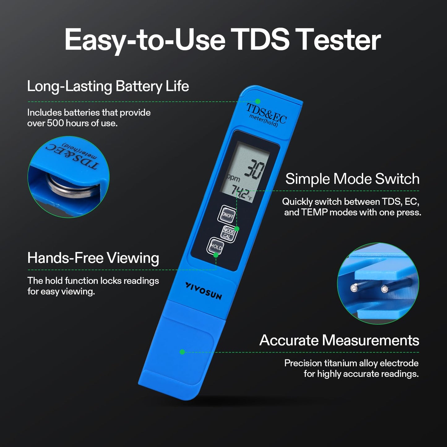 VIVOSUN DWC Hydroponic Growing System, 5-Gallon Deep Water Culture with Digital pH and TDS Meter Kits, 0.01pH High Accuracy Pen Type pH Meter ± 2% Readout Accuracy 3-in-1 TDS EC for Hydroponics, Pool