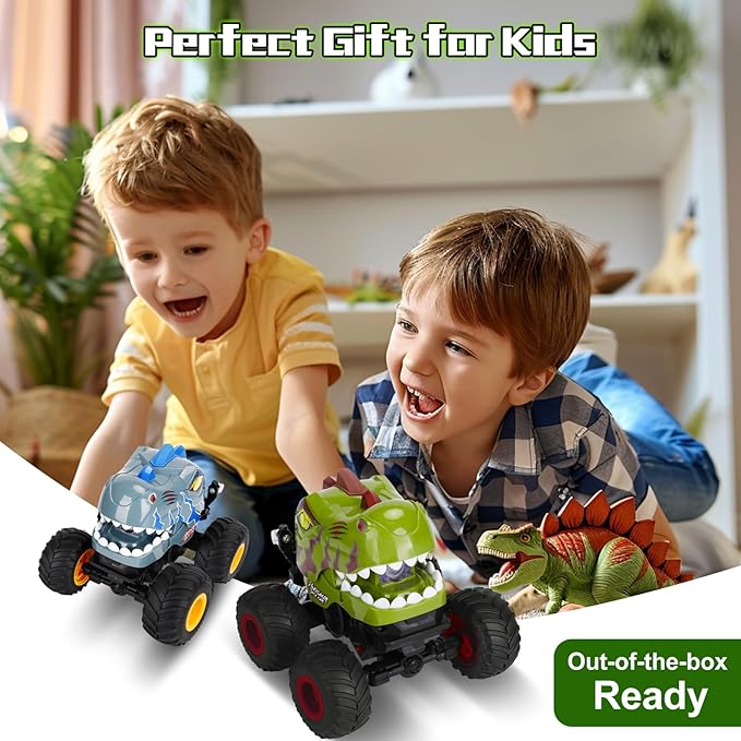 Remote Control Car for Boys 4-7 8-12 Dinosaur Monster Truck Toys with 50min+ Runtime Spray LED Light 360° Rotating & 90° Driving RC Stunt Car for Kids Birthday
