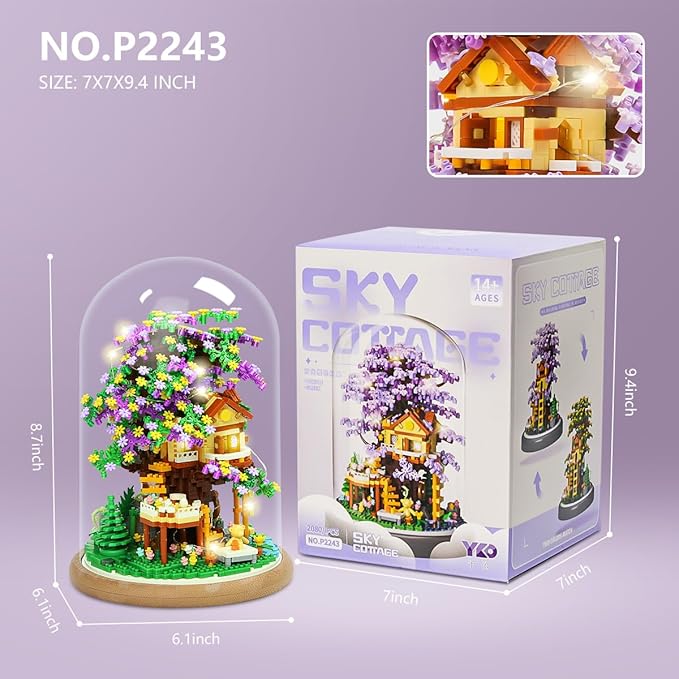 DIY Flower Building Toy Sets Miniature Cherry Blossom Tree House Building Kit Purple & Yellow Sakura Flowers Building Blocks Set for Adults & Girls - Bonsai Tree Model with Dust Cover