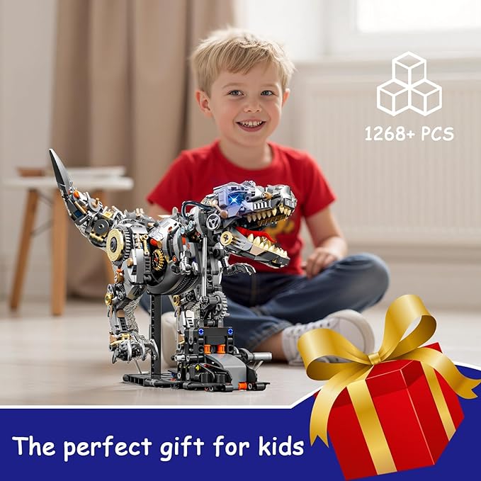 Mechanical T-Rex Dinosaur Building Blocks Set–Collectible Dino Model with Movable Gears LED Lights & Motor Complete with Display Stand Ideal Hobby Gift & Home Decor for Adults & Teens