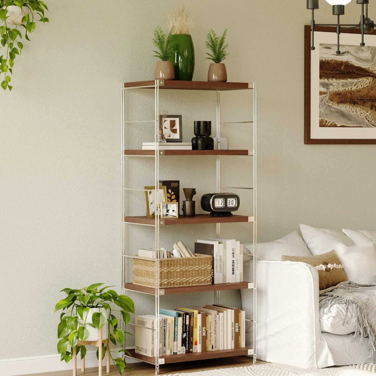 Achene 5-Tier Industrial Bookshelf, Storage Bookcase for Living Room, Bedroom, Home Office, Study Room, and Kitchen, 15.75"x27.56"x66.93" Inches (Walnut, 5T28IN)