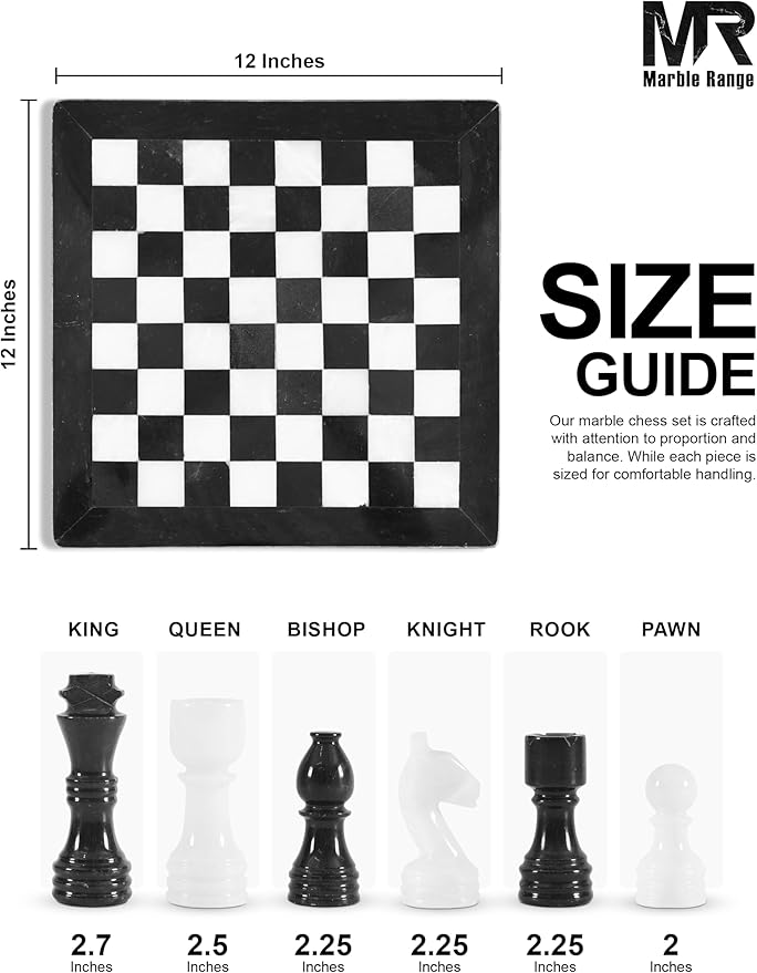 Marble Chess Set for Adults 12 Handmade Black & White Board Game with 32 Chess Pieces 2 Extra Queens & Storage Box Luxury Travel Game Elegant for Home Decor