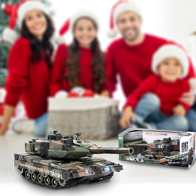 RC Tank That Shoots - 2.4Ghz Remote Control Army Tank with Smoke Lights Sounds 360° Rotating Turret Auto Demo 13 Channel Military Vehicles Model Gift for Boys 6-8