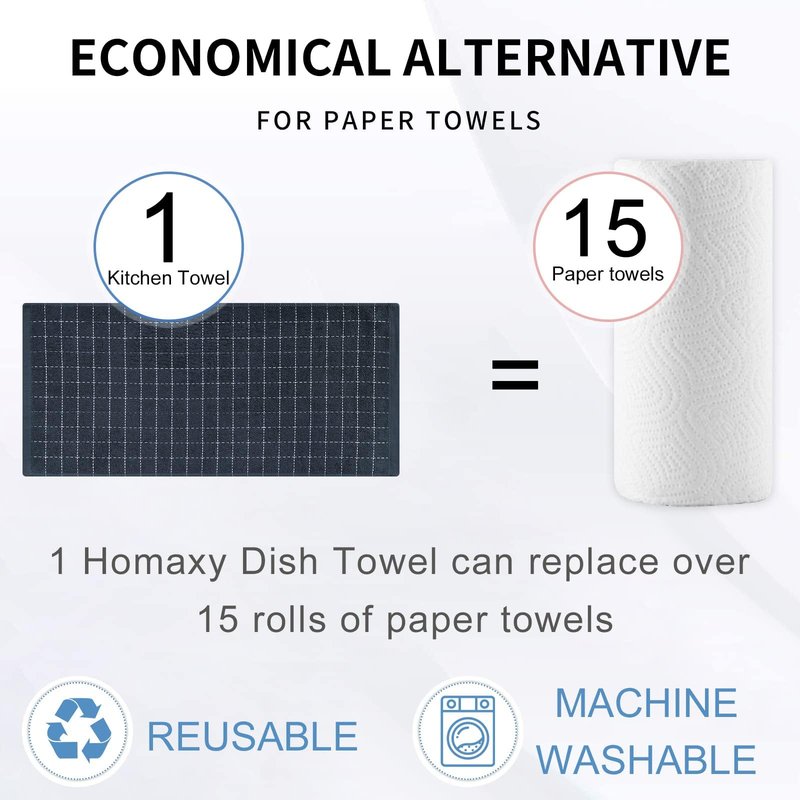 Homaxy 100% Cotton Terry Kitchen Towels(Dark Grey, 20 x 28 inches), Checkered Designed, Soft and Super Absorbent Dish Towels, Large 8 Pack