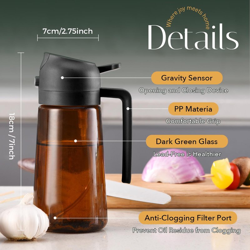 YARRAMATE 16oz/470ml Light Blocking Oil Sprayer for Cooking with Stickers, Food-Grade 2 in 1 Olive Oil Dispenser Bottle for Kitchen, Premium Dark Amber Glass Oil Bottle for Air Fryer, BBQ (Black)