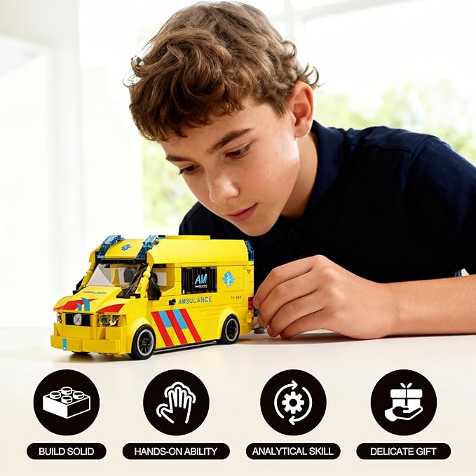 Ambulance Building Set International Rescue Vehicle Model Kit Removable Roof & Functional Doors Display Collectible City Truck Compatible with Lego Emergency Ambulance 618 PCS
