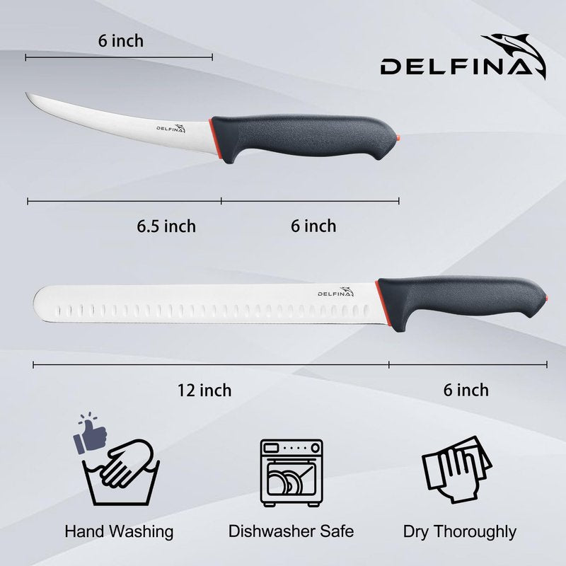 DELFINA Professional 2 Piece BBQ & Butcher Knife Set, Japanese Style Premium Stainless Steel Chef Knife Set W/SoftGrip Handle, Multi-Purpose Slicing & Boning Knife Set for Kitchen Home Restaurant