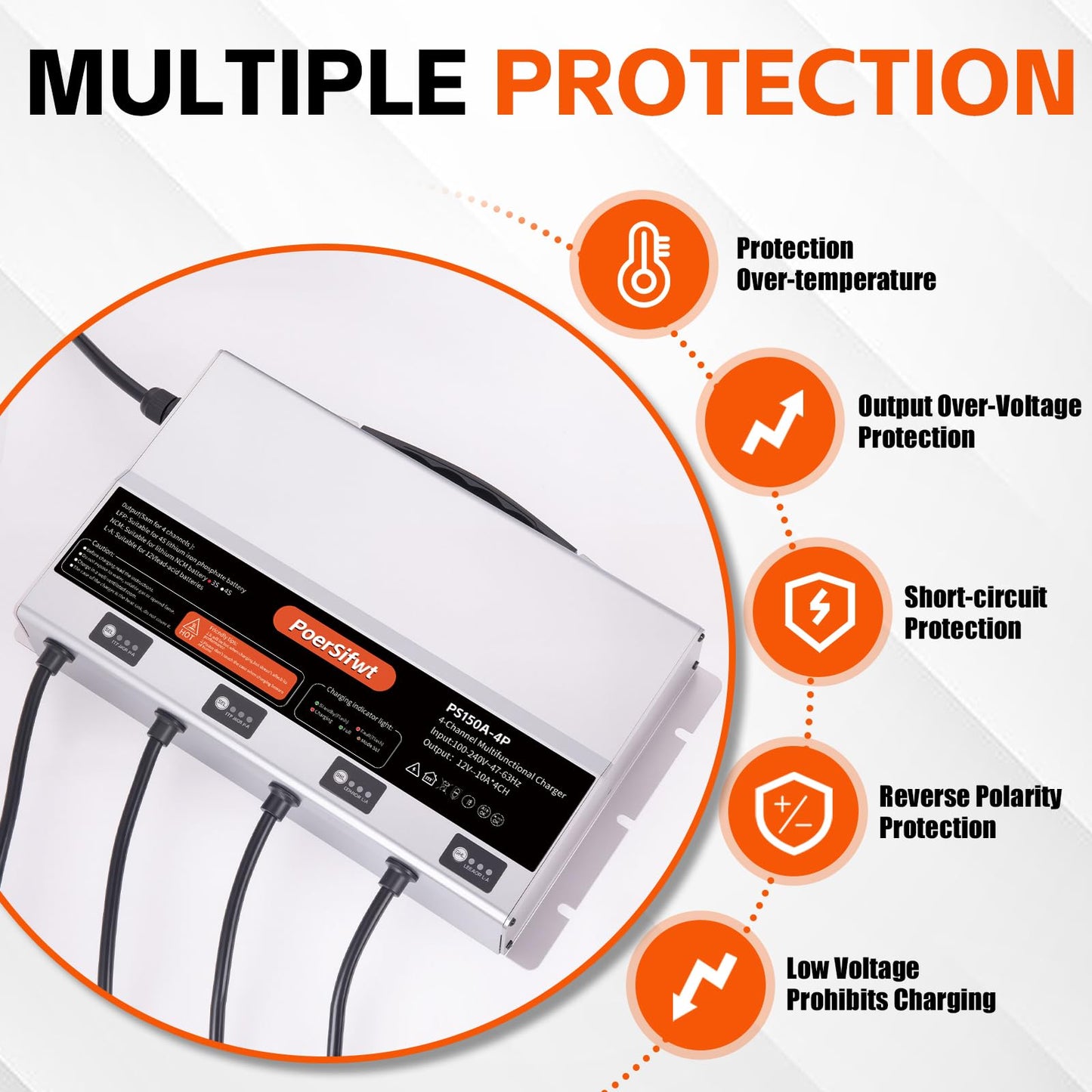 PoerSifwt 3 Bank 12V 10A Marine Battery Charger, Dual Output Smart Charger for LiFePO4, Lithium, Lead Acid Batteries, with 0V Start for Boat, RV, Trolling Motor, Lawn Mower (4-Channel Output)