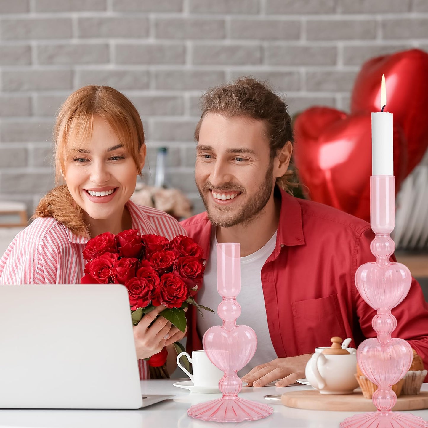 JarThenaAMCS 2Pcs Valentine's Day Glass Candlestick Holders Pink Heart Glass Taper Candle Holder Valentines Heart Candle Stick Vase Decor for Galentine's Day Wedding Festival Party Table Centerpiece