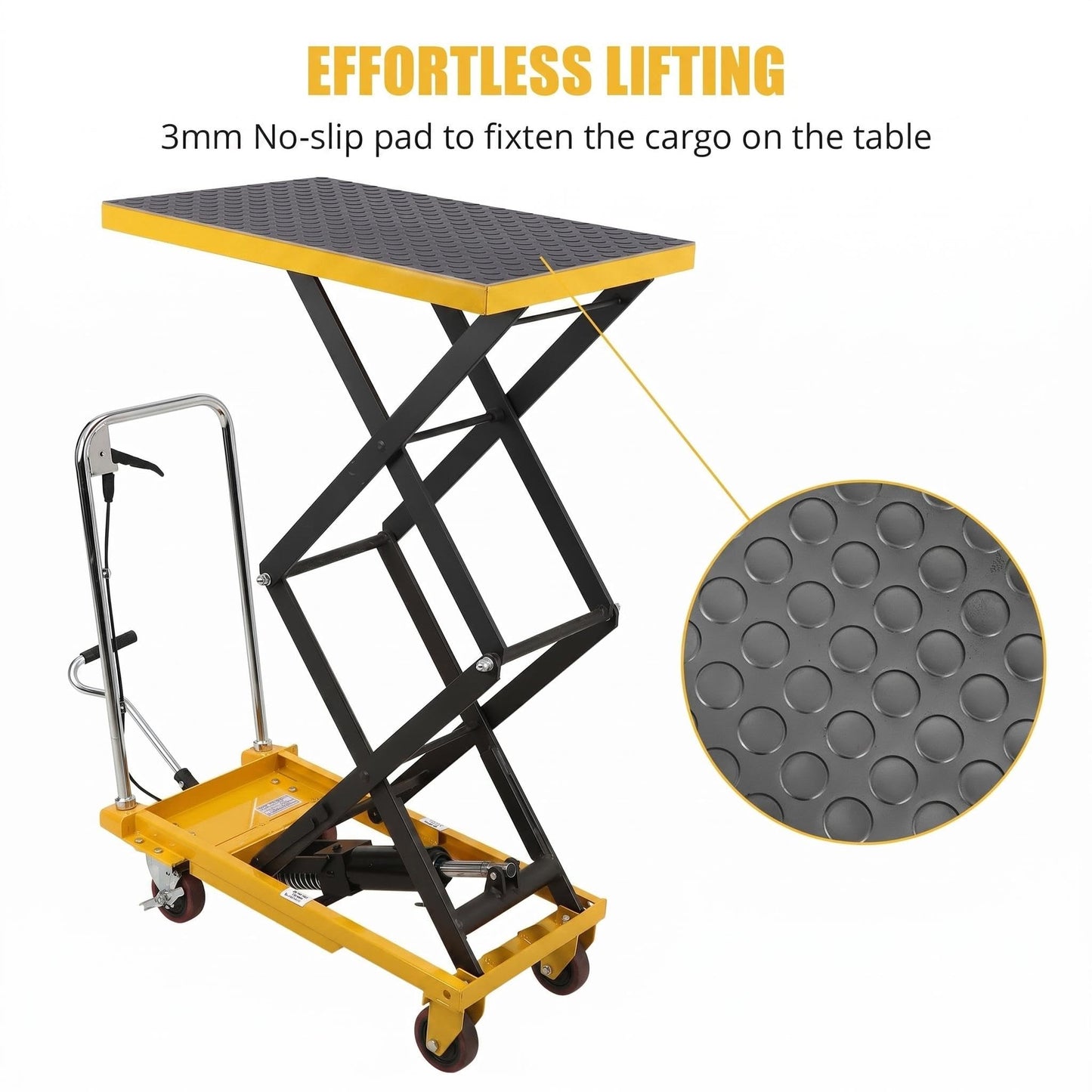 Hydraulic Double Scissor Lift Table Cart, 330 LBS Load Capacity, 50" Adjustable Height, Non-Slip Platform & 4 Universal Wheels, Heavy Duty Lift Table for Material Handling, Yellow