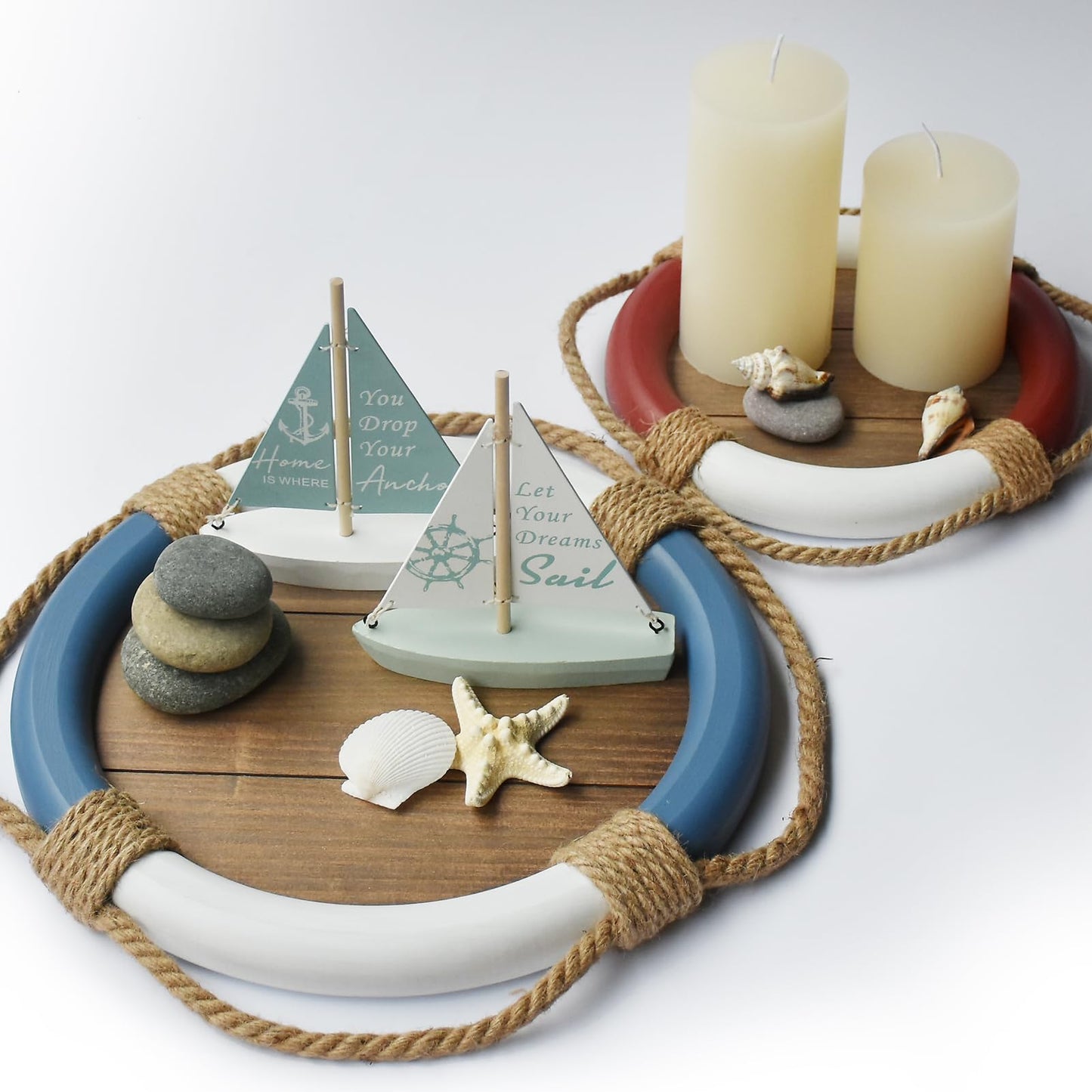 2 PCS Wood Decorative Serving Trays, Handmade Round Rustic Candle Holder Trays, Nautical Beach Lake House Coastal Coffee Table Decor Serving Tray for Living Room, Bathroom, Kitchen