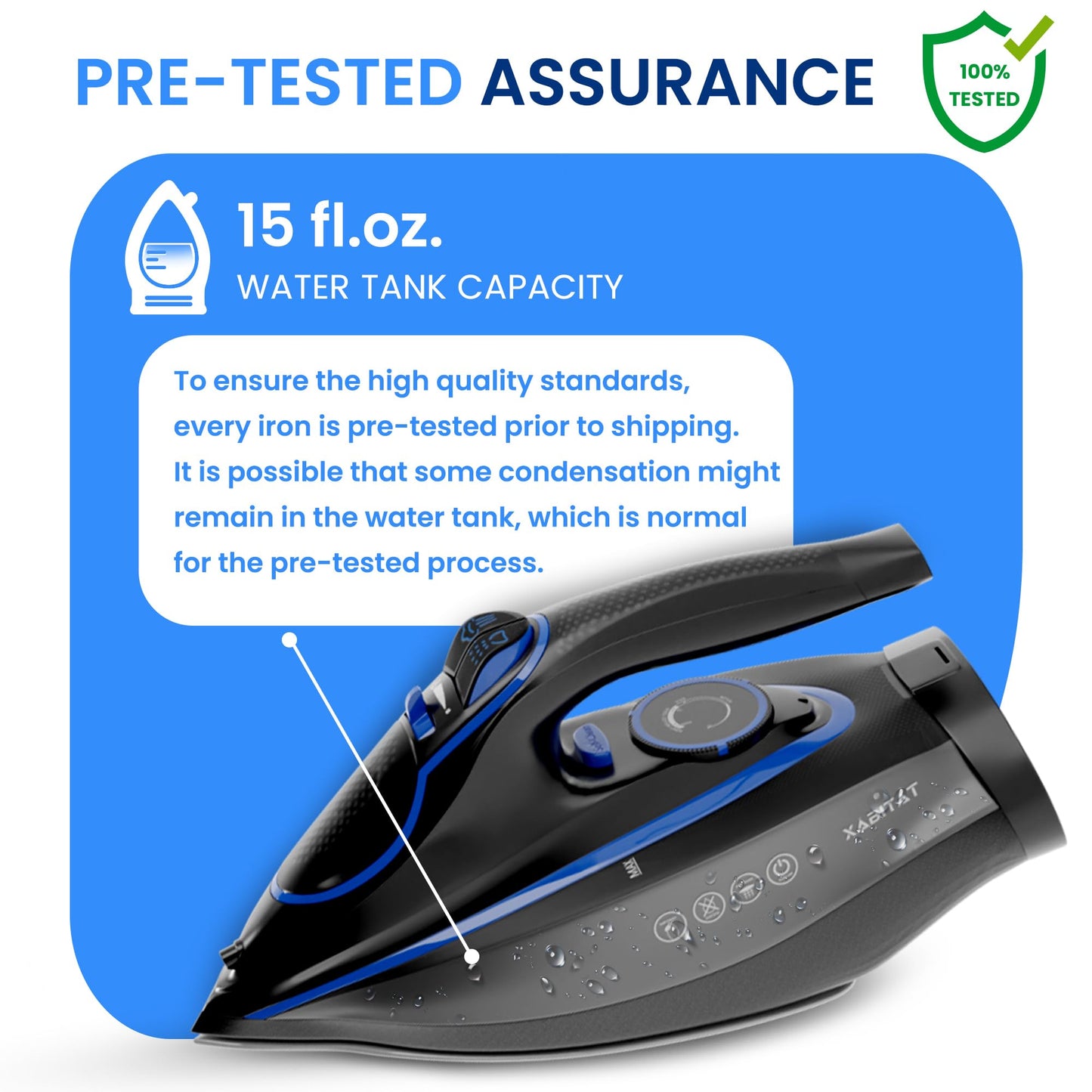Xabitat Luxury Cordless Iron | 1500W Steam Iron | Anti Drip | Thermal Protection Technology | Nonstick Ceramic Soleplate | 2-in-1 Cord/Cordless (Black + Blue)