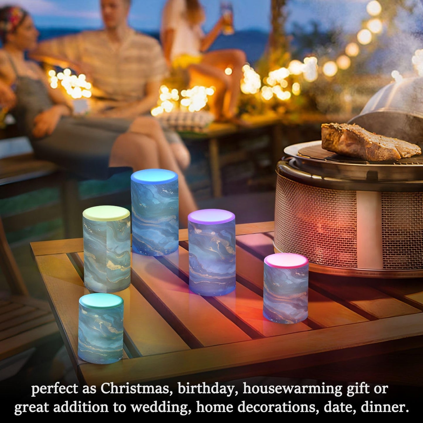 WEVIBOFU Blue and Gold Marble Flickering Flameless Candles LED Battery Operated with Remote Timer Pillar Candles for Home Birthday Wedding Christmas Decor, Set of 2