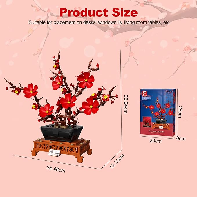Plum Blossom Building Sets Red Plum Buiding Blocks Artificial Flowers for Table Decor Plants Collection Blocks Kit for Living Room Home Office Christmas & Birthday Gifts for Ages 14+ 692PCS