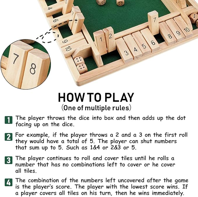 Ropoda Wooden Shut The Box Game (2-4 Players) - Large 4 Sided Board 8 Dice Rules - Amusing Addition Game for Kids & Adults 12 Inch